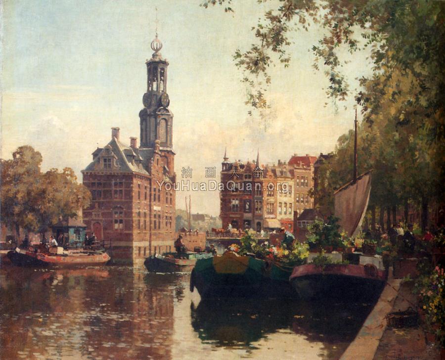 The Flowermarket On The Singel Amsterdam With The Munttoren Beyond - 科内利斯·维里登伯格
